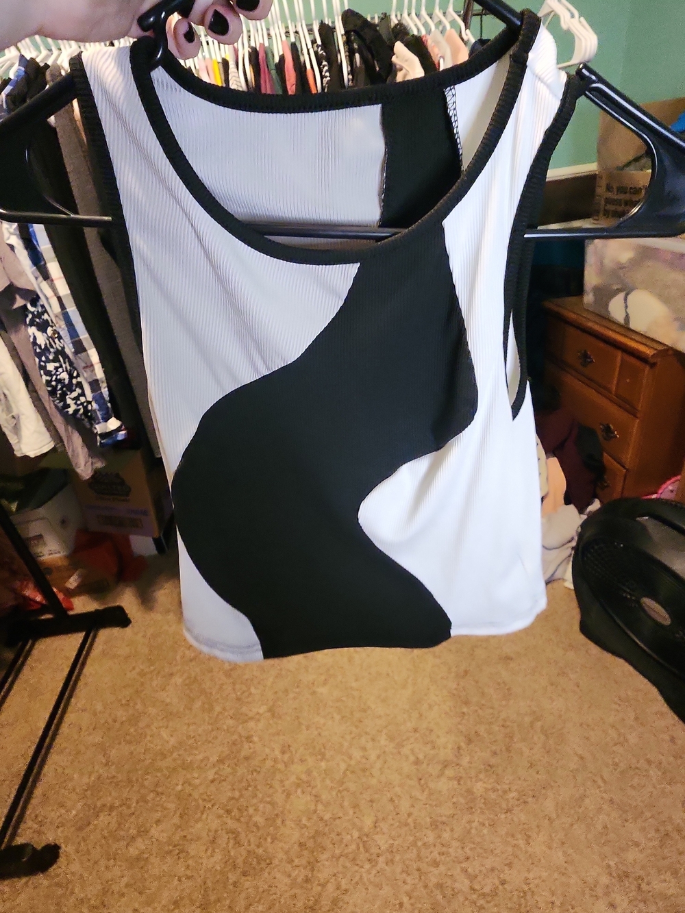Black White Abstract Print Ribbed Tank Top Sleeveless Colorblock Minimalist